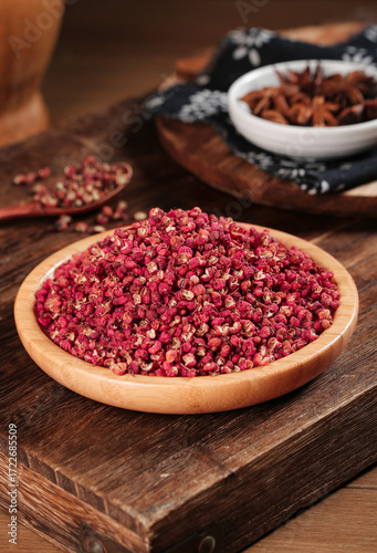 Sichuan Hanyuan Dahongpao Peppercorns with Star Anise - Premium Chinese Spices in Wooden Bowl