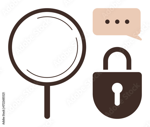 Magnifying glass, closed padlock, and speech bubble with ellipsis portray search, data protection, and communication. Ideal for cybersecurity, privacy, analysis, online safety trust research