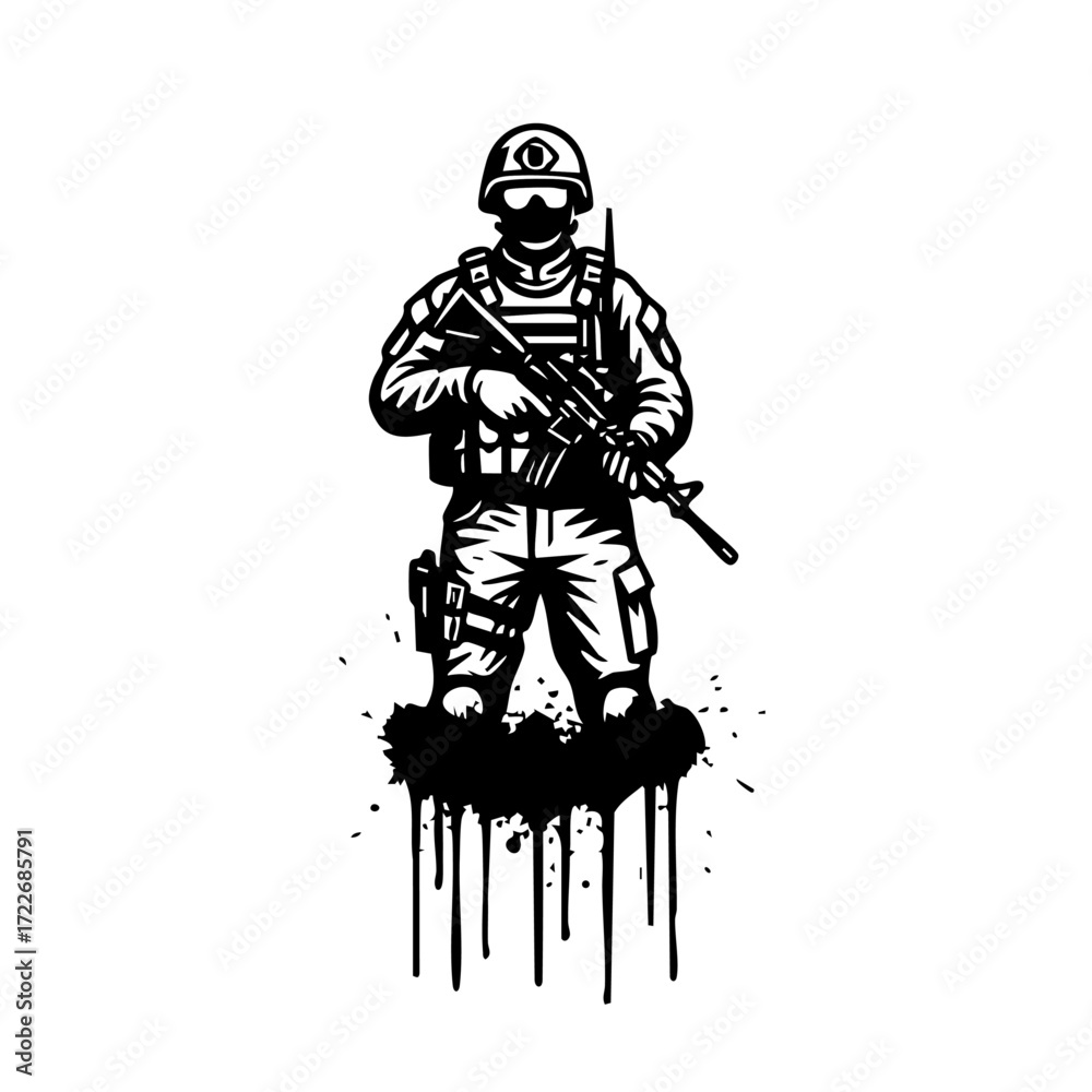Naklejka premium Silhouette Illustration of Armed Soldier with Rifle