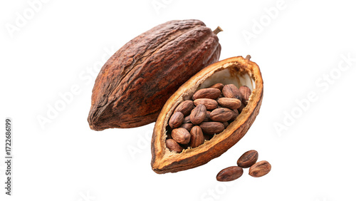 Fotografie Cacao pod with cocoa beans inside isolated on transparent background