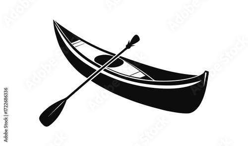 Black and white illustration of a canoe with a paddle