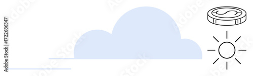 Light blue cloud, shining sun, and coin icon combine to visualize growth, innovation, and prosperity. Ideal for technology, finance, investment, business solutions strategy simple flat metaphor