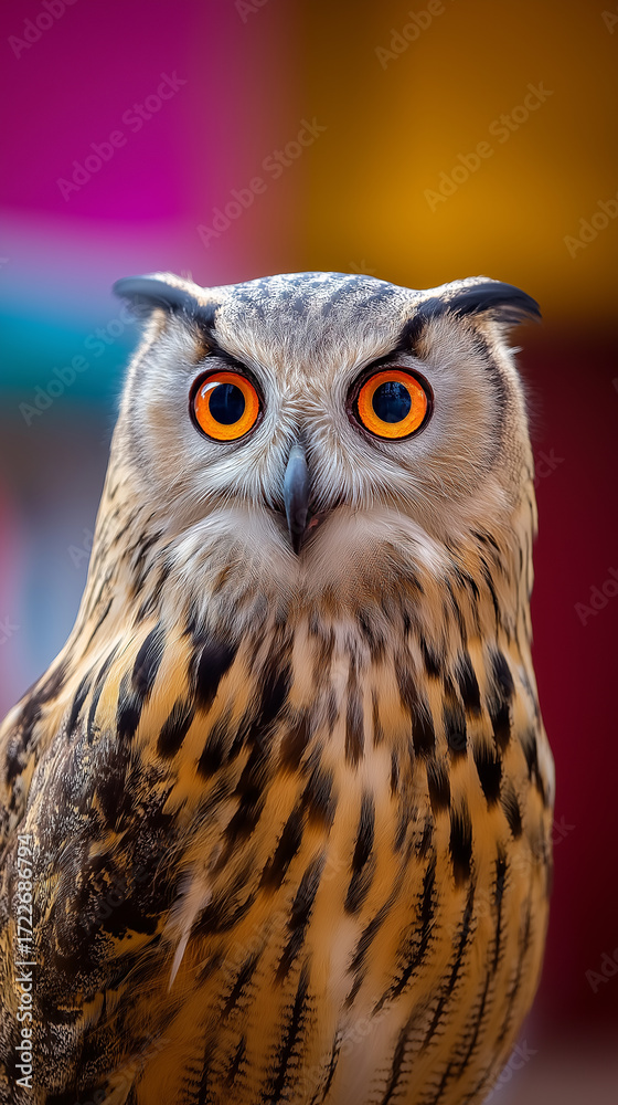 Fototapeta premium Owl staring with big yellow eyes in front of colorful background. 