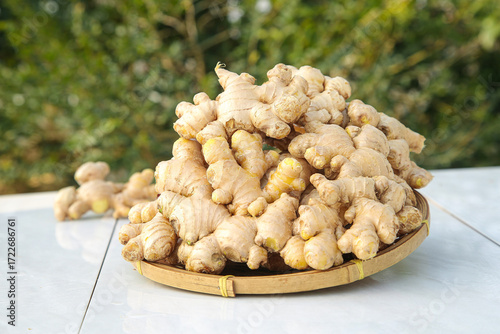 Fresh Homegrown Ginger Root in Bamboo Basket - Organic Cooking Ingredient