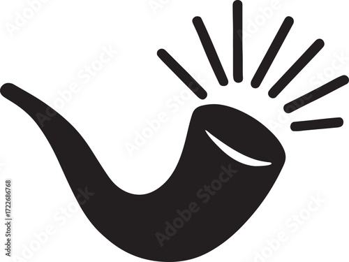 Silhouette vector of Shofar with rays icon representing Judaism, celebration, and sacred ritual.