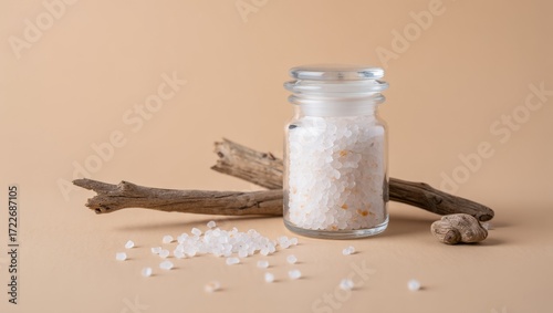 Spa Salt in Glass Jar: Minimalist Beige Background, Natural Wood Accents, Calm Mood