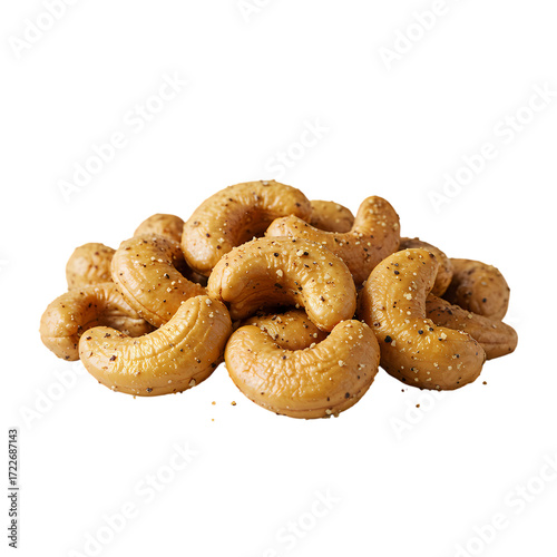 Savory seasoned cashews with visible pepper and salt sprinkles create a delicious snack, perfect for gourmet food marketing and advertising.