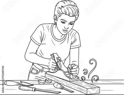 A woman is carefully using a hand plane to smooth a piece of wood on a workbench, with chisels and a screwdriver nearby.
