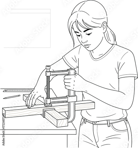 Woman using a woodworking clamp to secure two pieces of wood on a workbench, demonstrating a DIY project.