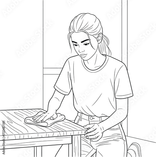 A young woman cleaning a wooden table, focused on the task.