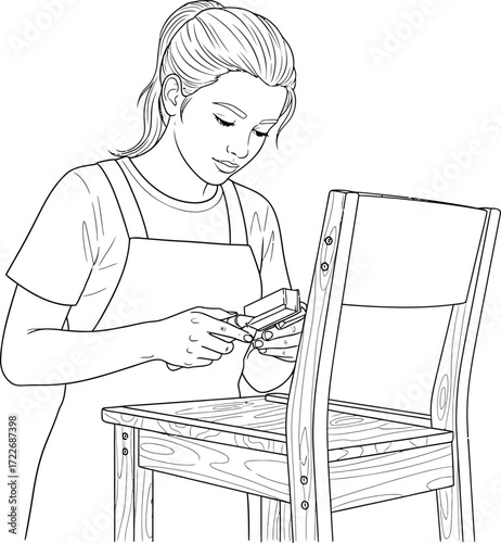 Young woman refinishing a wooden chair.