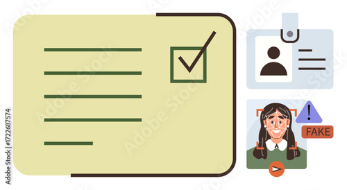 Checklist with tick mark, ID card, fake ID warning with photo, and caution symbols. Ideal for security, fraud prevention, authentication, identity proofing, background checks compliance technology