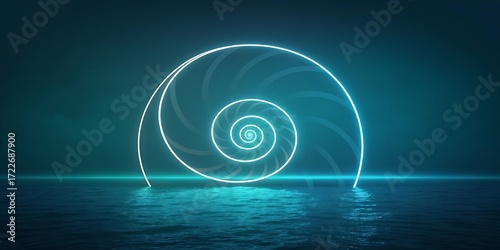 Luminous neon spiral fibonacci sequence glowing over a reflective dark water surface with teal lighting.