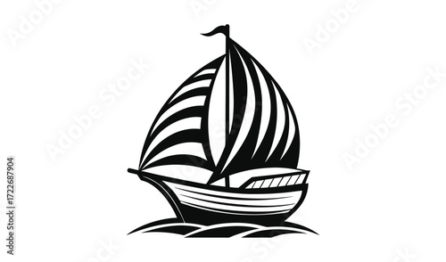 Black and white illustration of a sailboat with striped sails on wavy water
