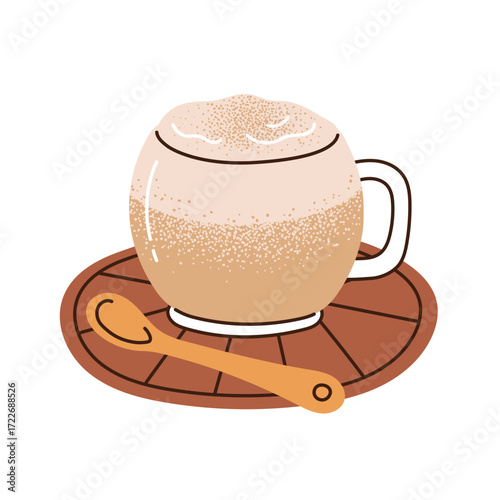 Cappuccino with frothy foam topping sprinkled with cinnamon or cocoa powder in glass mug on saucer with spoon. Flat cartoon style vector illustration isolated on white background