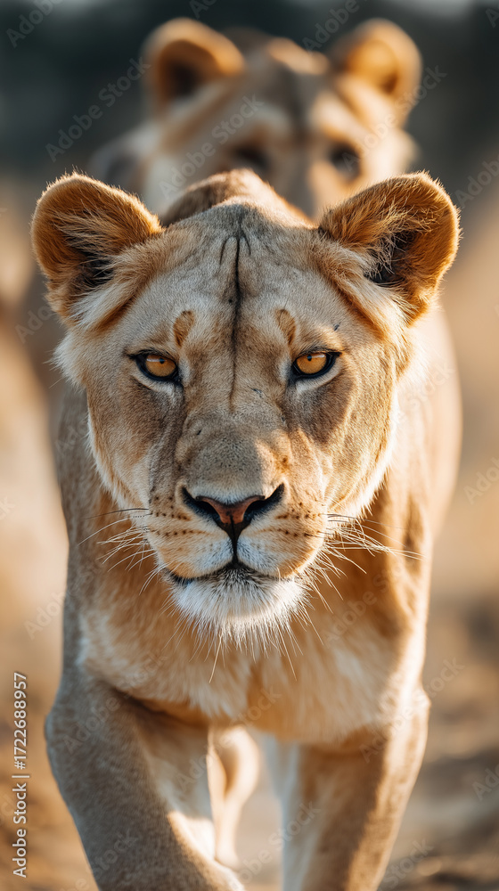 Fototapeta premium Lions walking in dust, frontal view.