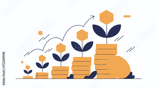 Growing wealth represented by flourishing plants and rising stacks of coins digital illustration