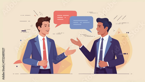 Two businessmen in dynamic conversation with speech bubbles conveys teamwork and collaboration with