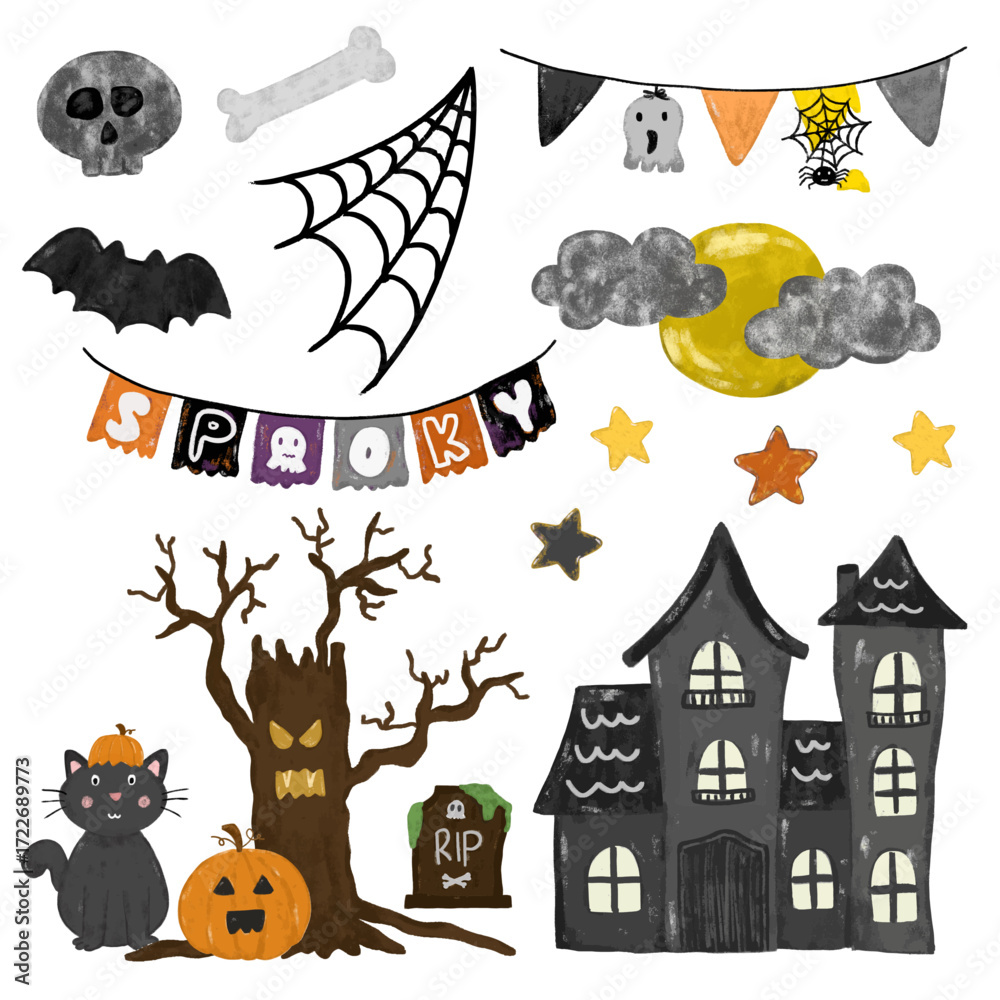 Obraz premium Set collection of spooky watercolor crayon halloween element decoration ornament scary party theme doodle kids illustration design clipart sticker