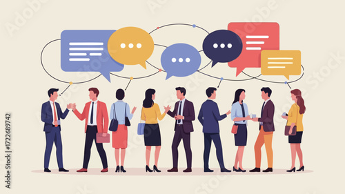 Diverse team sharing ideas and networking at conference connected by visual chat bubbles flat vector