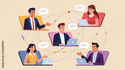 Engaging in a vibrant virtual meeting fostering teamwork and global connection with flat vector