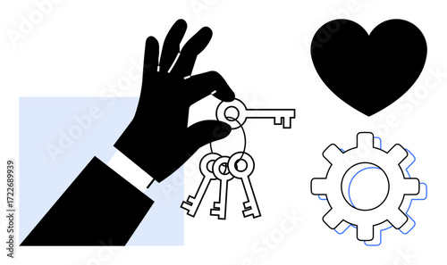 Hand holding keys alongside heart and gear shapes. Ideal for success, problem-solving, relationships, teamwork, opportunity, love, partnership concepts. Bold simple flat metaphor