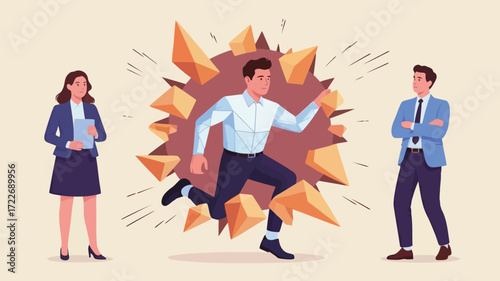 A daring businessman breaking through barriers to success as peers look on in muted pastel vector