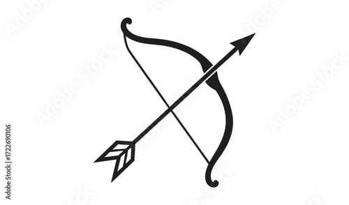 Hand drawn illustration of a bow and arrow in black and white