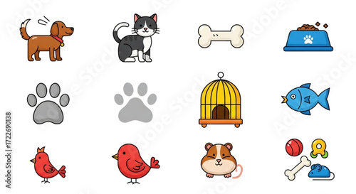 Cute animal icons and icons set for pet care and pet products