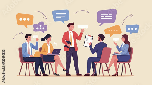 Inspiring business leader giving team strategies and new insights in a dynamic office team meeting