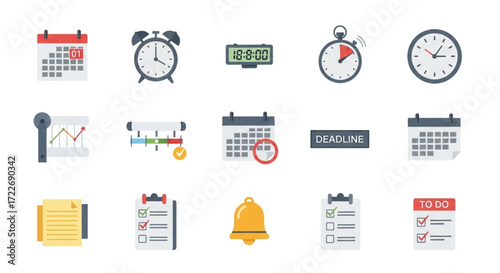 Calendar and clock icon set visualizing time, deadlines, and schedules