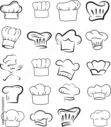 Chef hat vector collection. Professional cook headwear. Kitchen caps and toques. Chef Hats Outline Icon Set - Culinary Professional Headwear