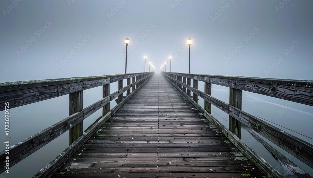 Fototapeta premium Misty wooden pier, extending into fog