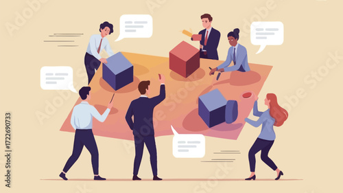 Engaging team collaboratively builds strategic innovation for business success with clean vector art