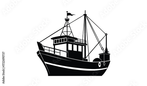 Black and white illustration of a fishing trawler boat on a white background