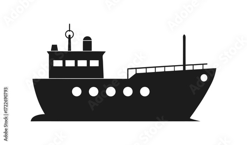 Black silhouette of a cargo ship on a white background