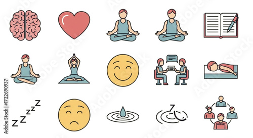 Mental wellness icon set featuring brain, heart, yoga, and sleep concepts