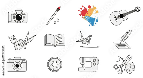 Creative Arts and Crafts icon set, hobby and leisure symbols for design