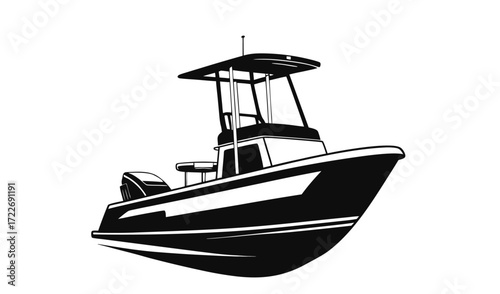 Modern center console fishing boat with t top and outboard motor