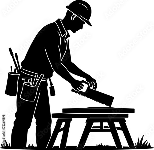 Silhouette carpenter in action black color only full body