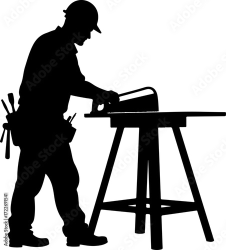 Silhouette carpenter in action black color only full body