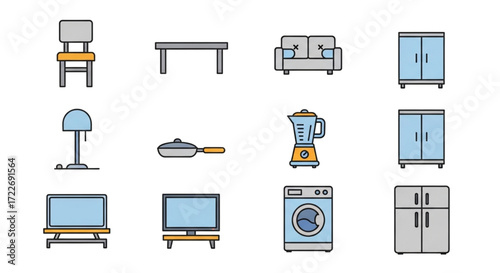 Modern home furniture and appliance icon set, clean vector graphics for interior design and web use