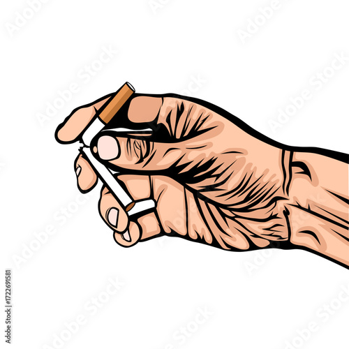 A vector illustration of a hand breaking a cigarette in half, symbolizing stop smoking, health care, no tobacco, and quitting bad habits. Perfect for medical, wellness, and awareness themes.