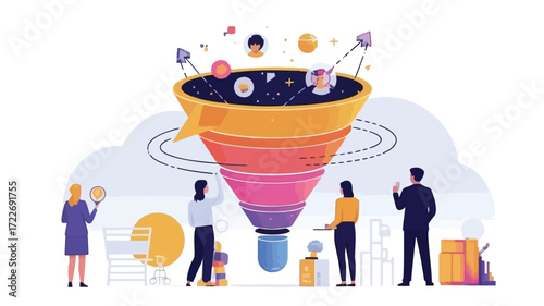 Optimizing the sales funnel as a team with digital transformation in a flat design clean lines and
