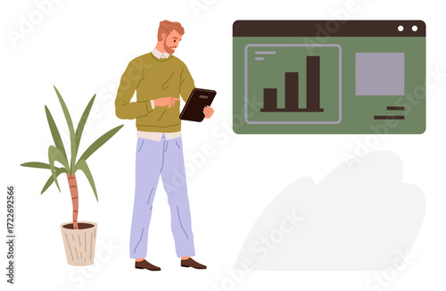 Young man with tablet examines bar graph interactive dashboard in view. Ideal for analytics, data visualization, business growth, strategy, professional analysis, digital tools, simple flat metaphor