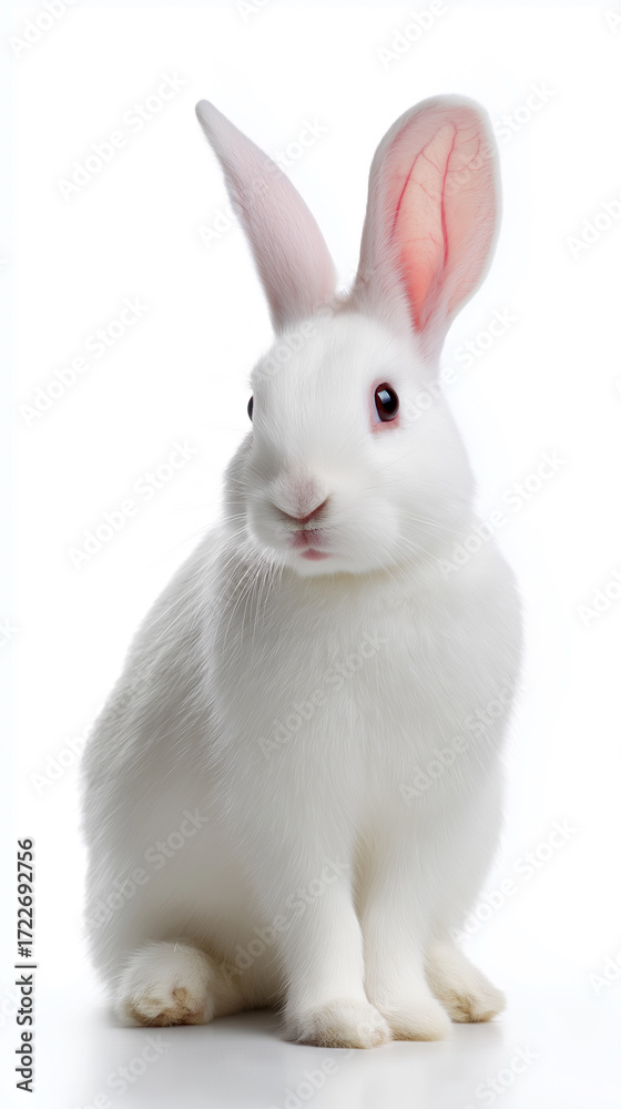 Fototapeta premium Portrait of white rabbit with pink ears. 