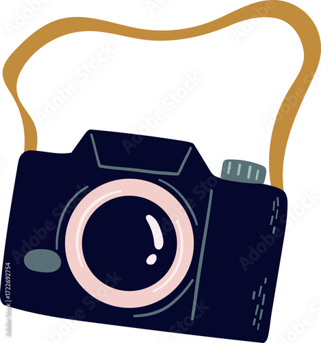 A dark blue camera with a pink lens and a tan strap