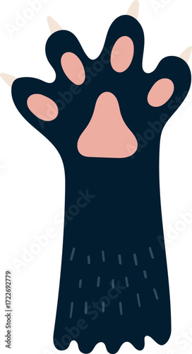 A dark blue cat paw with pink pads and claws