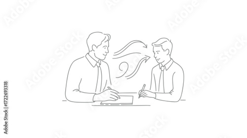 Collaborative brainstorming session with flowing ideas between two professionals using line art and