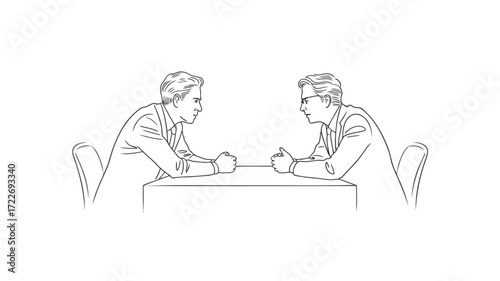 Tense negotiation two serious businessmen facing each other in a crucial meeting minimal line art
